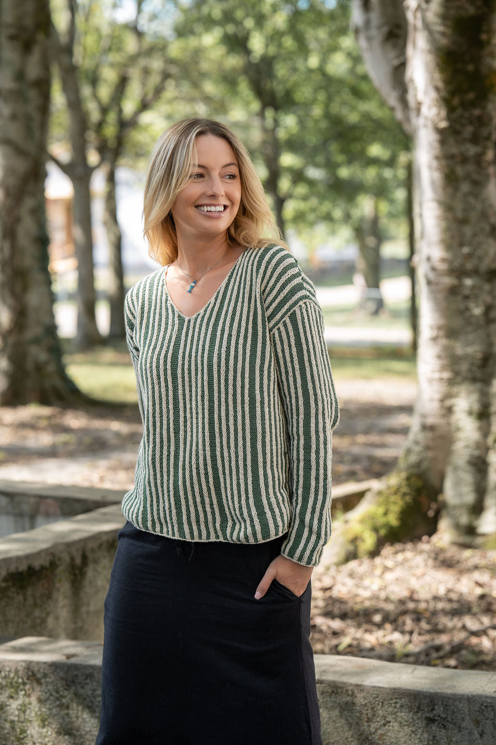 Finn V-Neck Cotton Sweater in Sage and Cream Made to Order