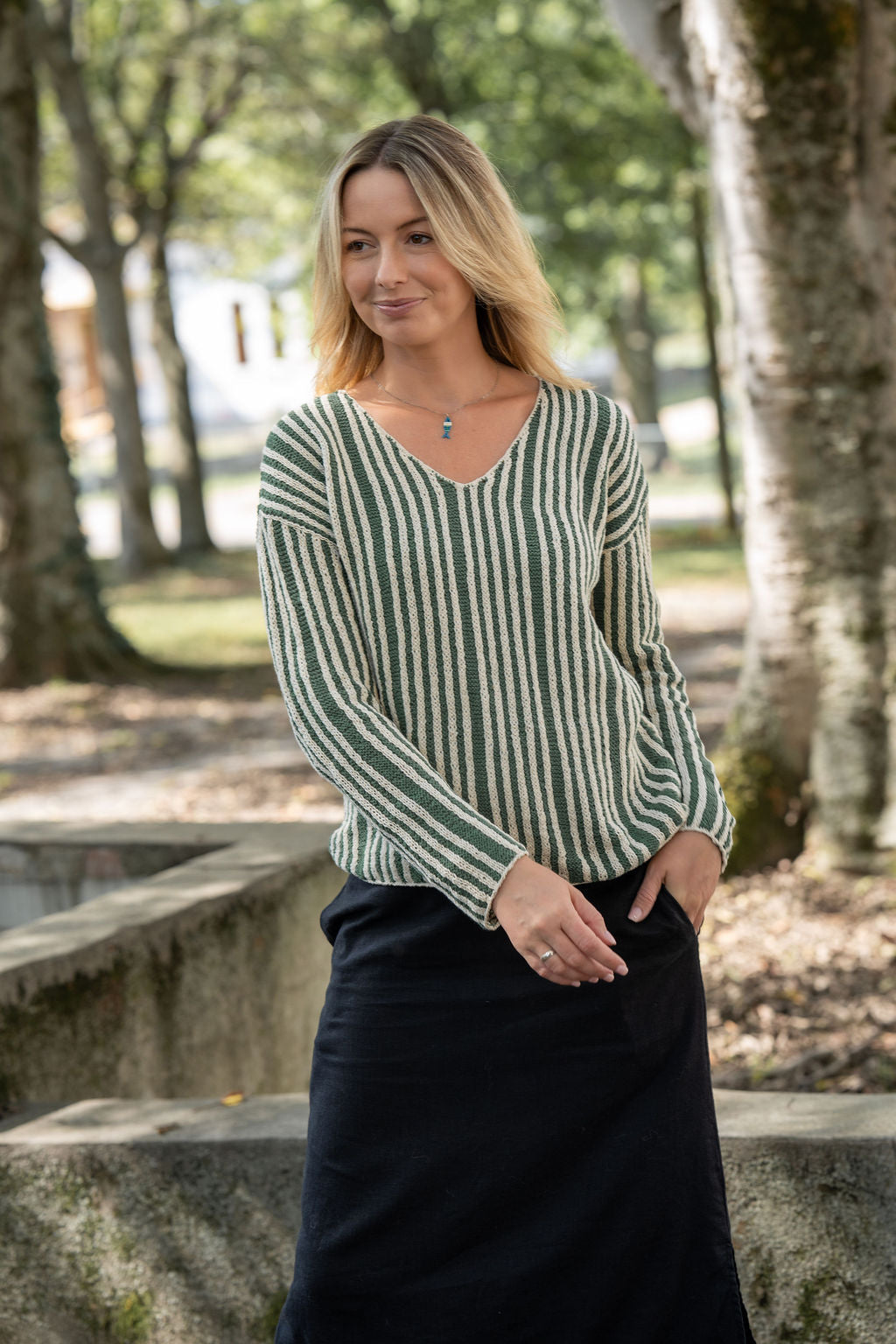 Finn V-Neck Cotton Sweater in Sage and Cream Made to Order
