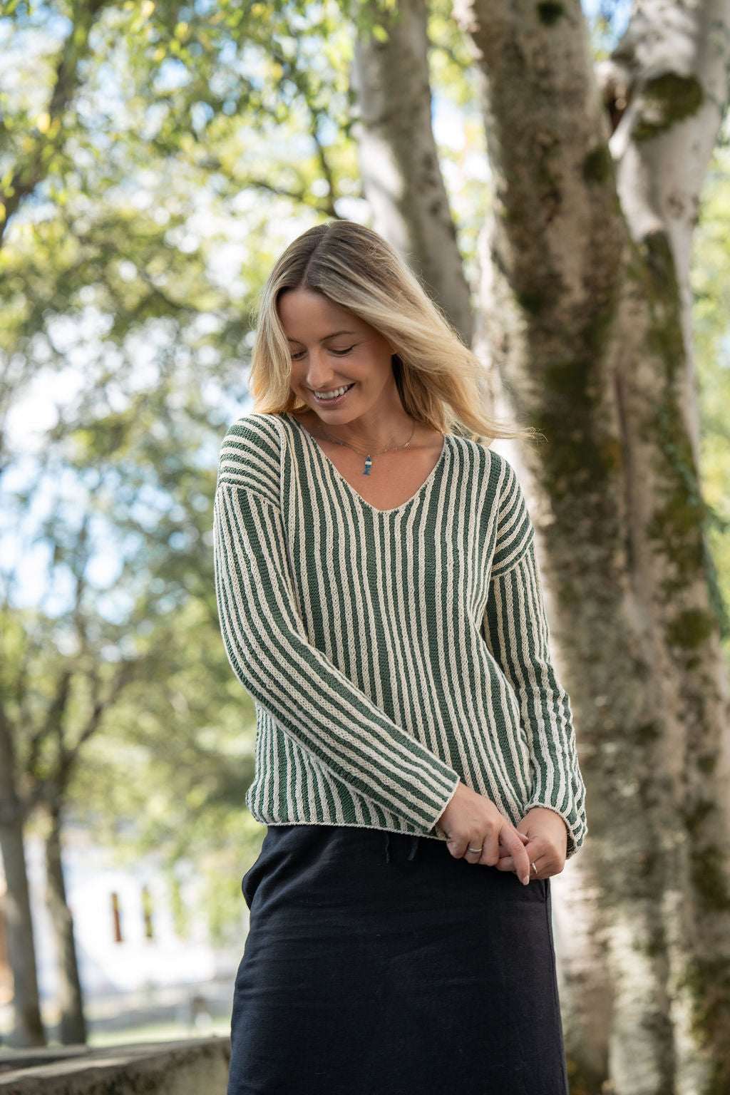 Finn V-Neck Cotton Sweater in Sage and Cream Made to Order