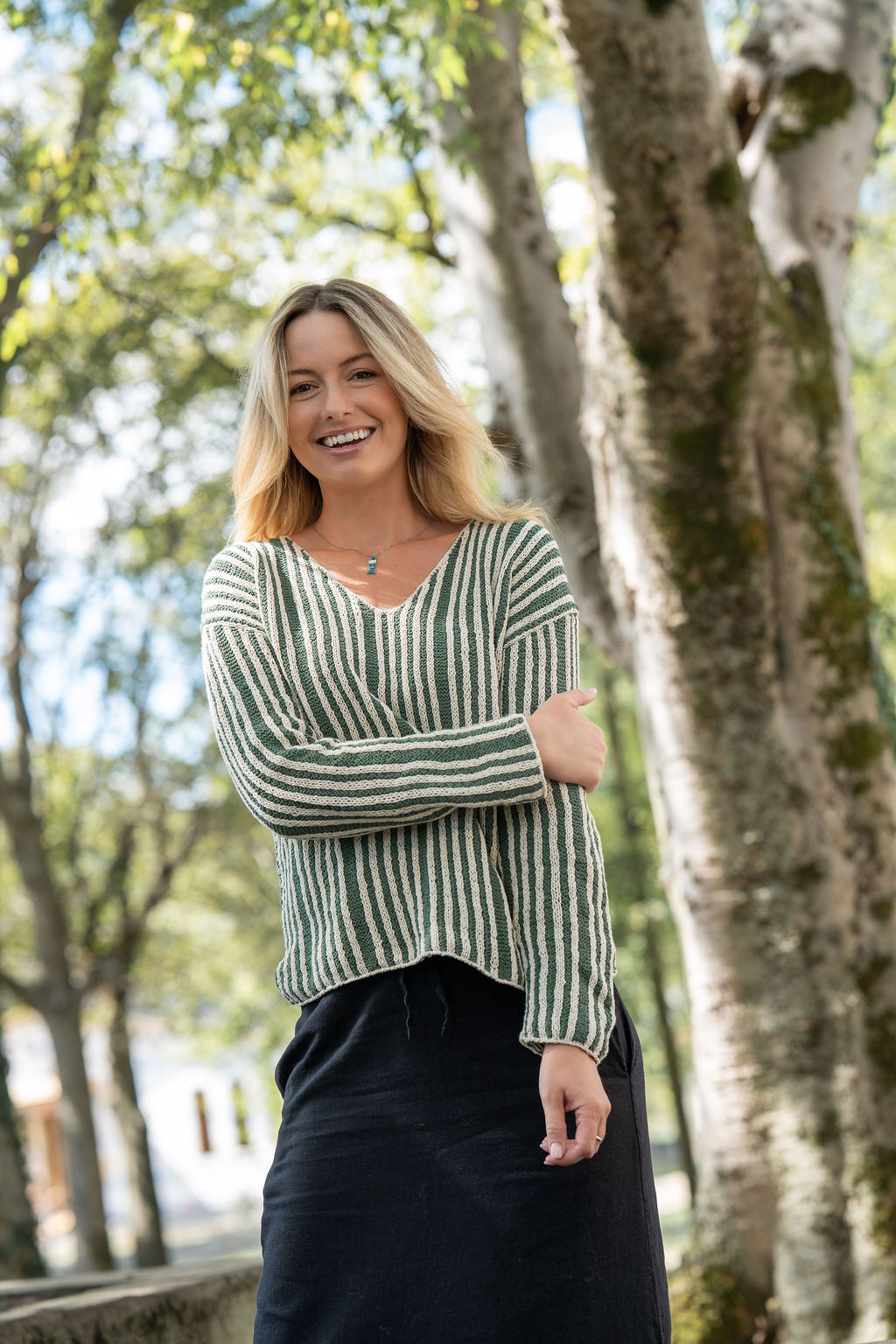Finn V-Neck Cotton Sweater in Sage and Cream Made to Order