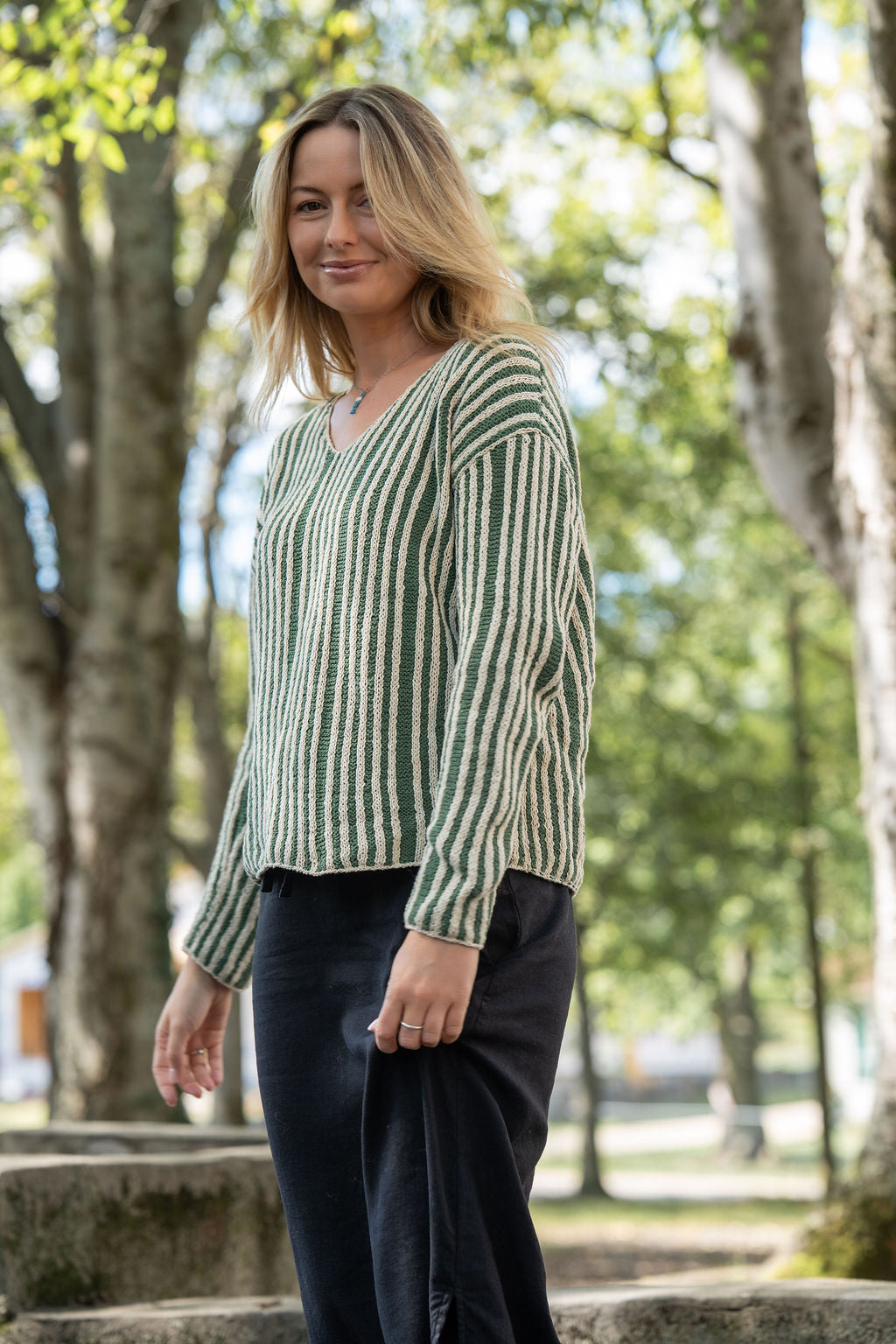 Finn V-Neck Cotton Sweater in Sage and Cream Made to Order