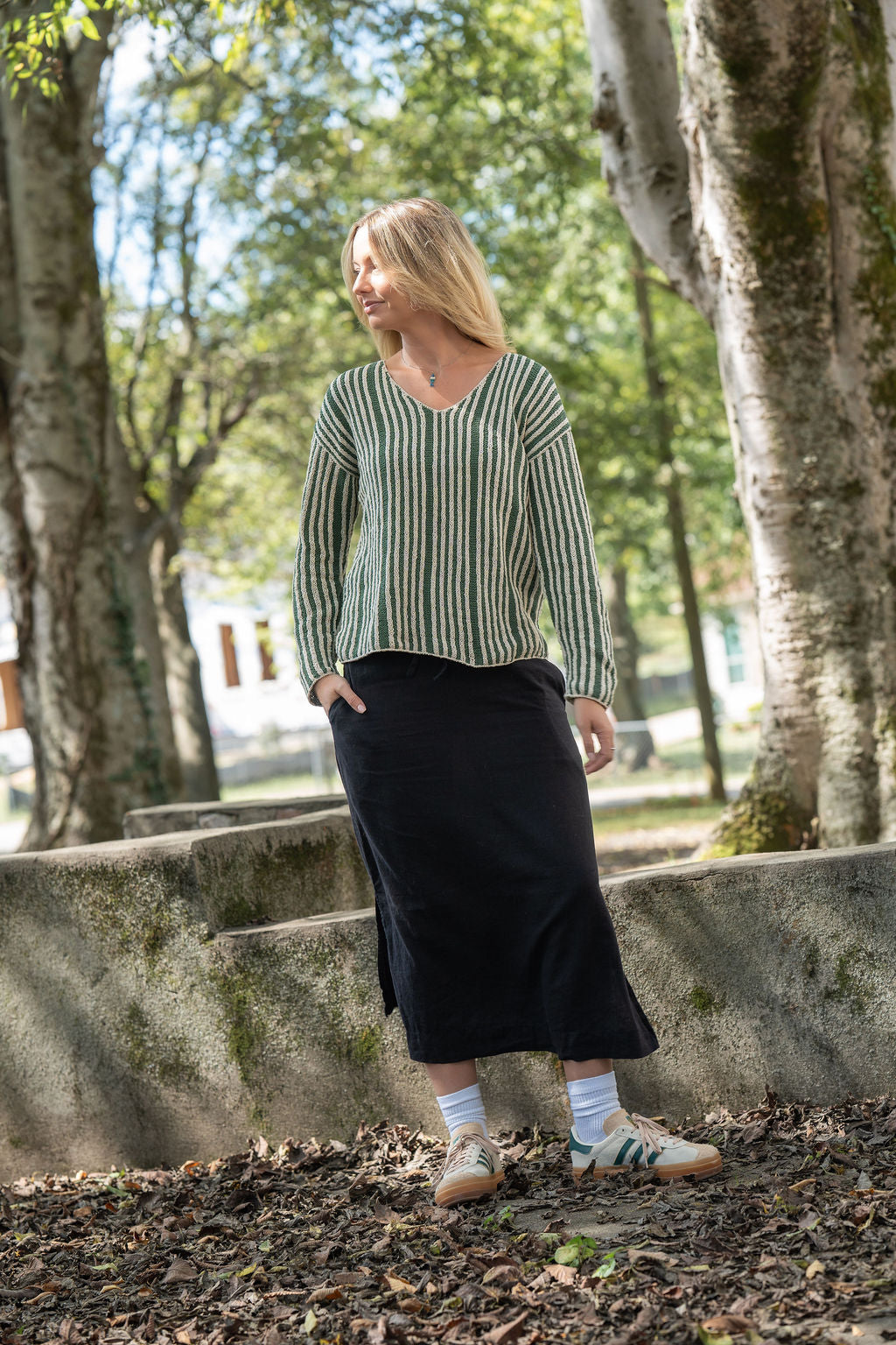 Finn V-Neck Cotton Sweater in Sage and Cream Made to Order