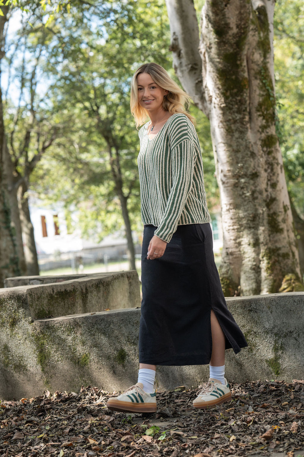 Finn V-Neck Cotton Sweater in Sage and Cream Made to Order