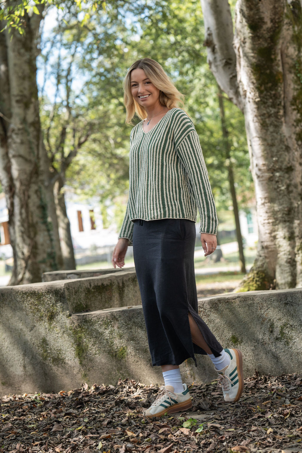 Finn V-Neck Cotton Sweater in Sage and Cream Made to Order