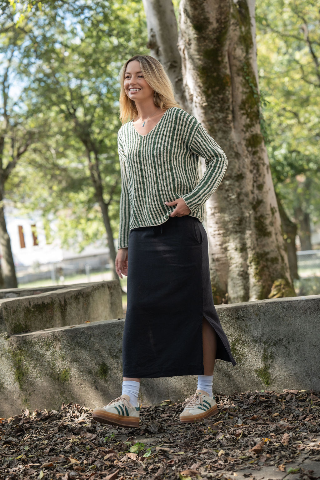 Finn V-Neck Cotton Sweater in Sage and Cream Made to Order