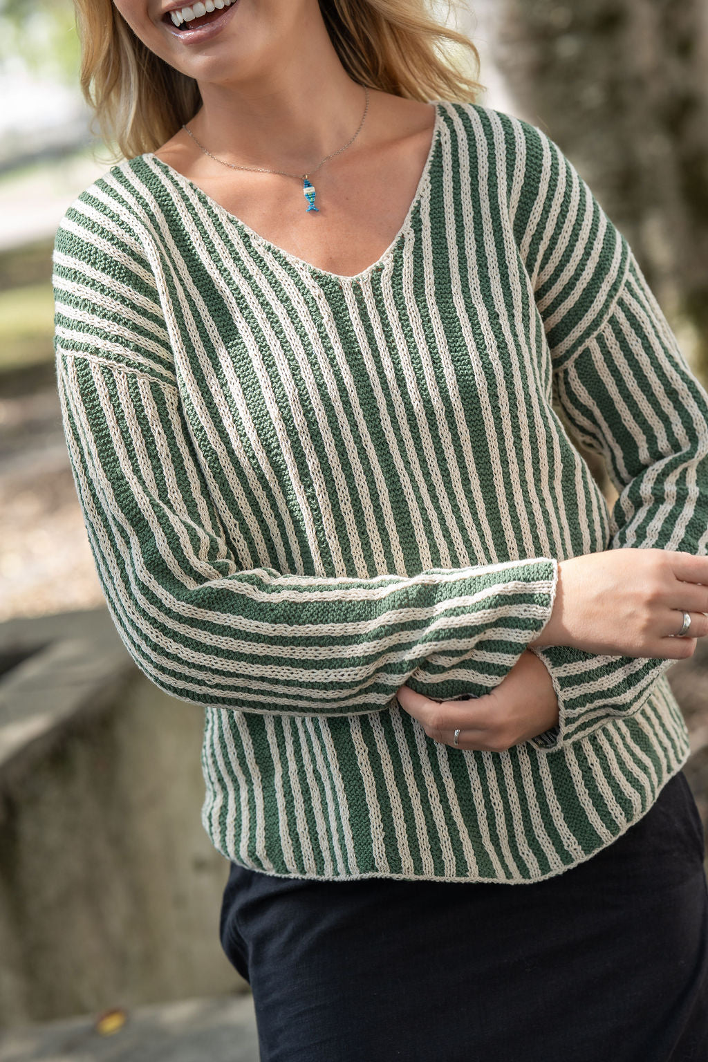 Finn V-Neck Cotton Sweater in Sage and Cream Made to Order