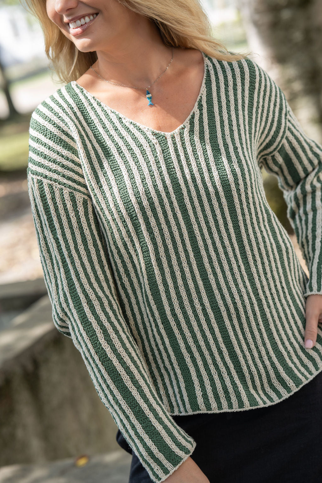Finn V-Neck Cotton Sweater in Sage and Cream Made to Order