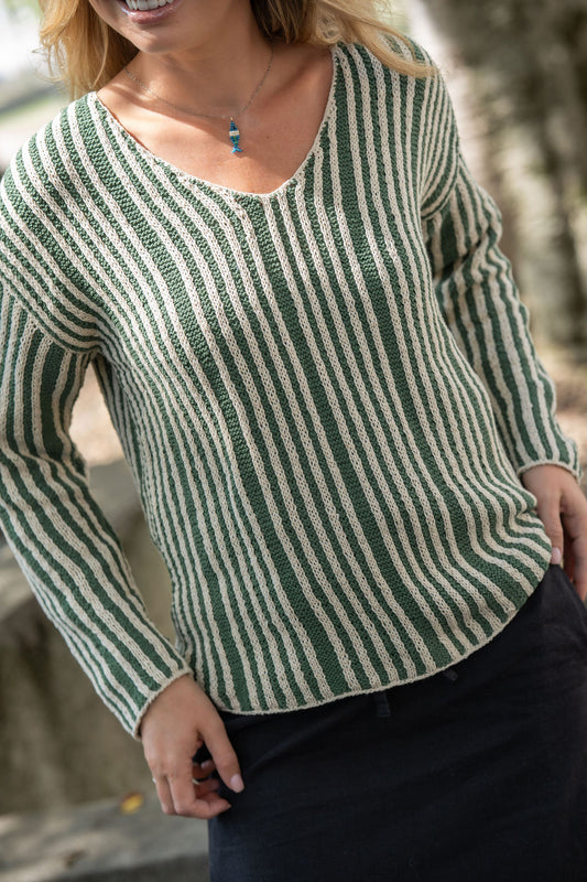 Finn V-Neck Cotton Sweater in Sage and Cream Made to Order