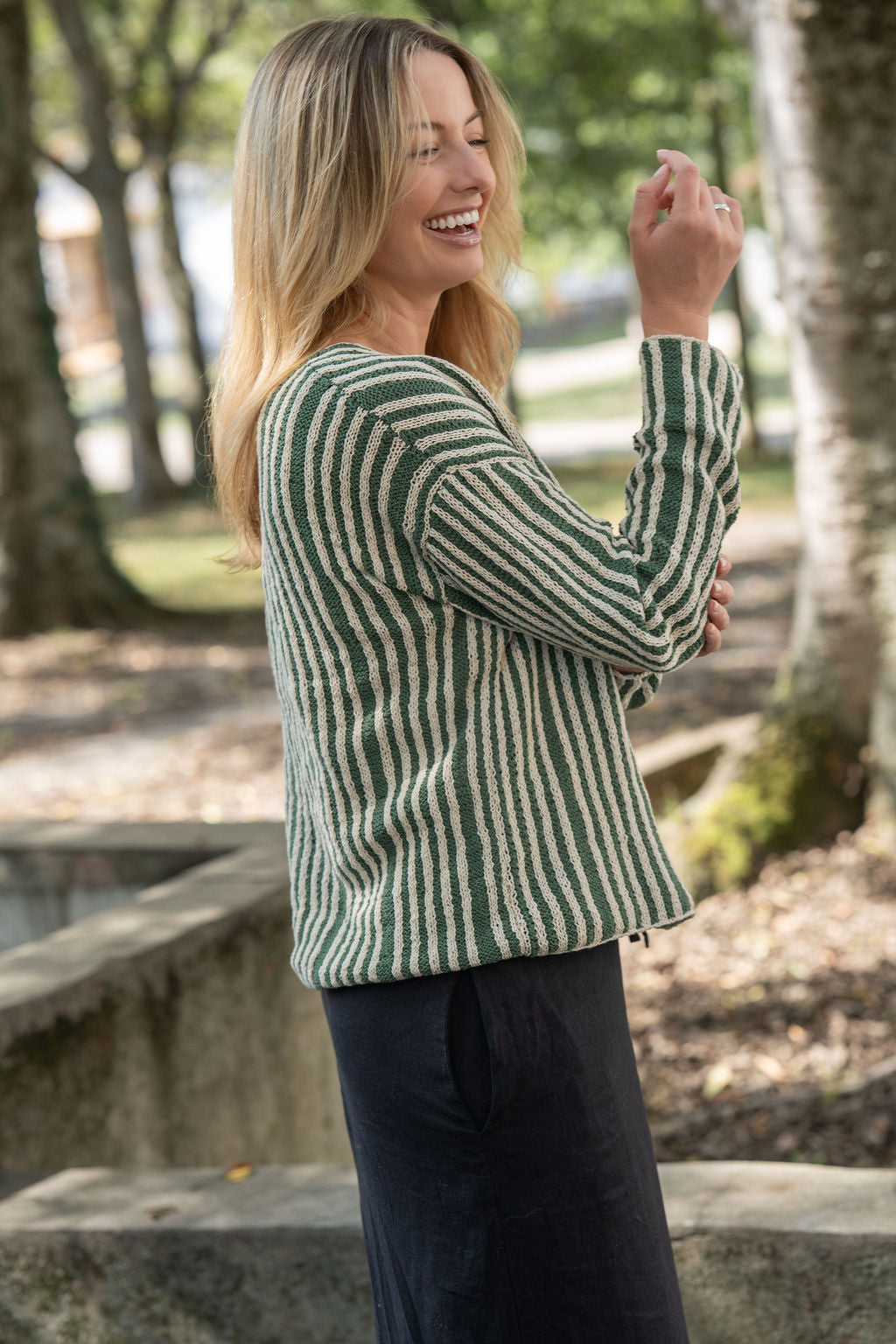 Finn V-Neck Cotton Sweater in Sage and Cream Made to Order