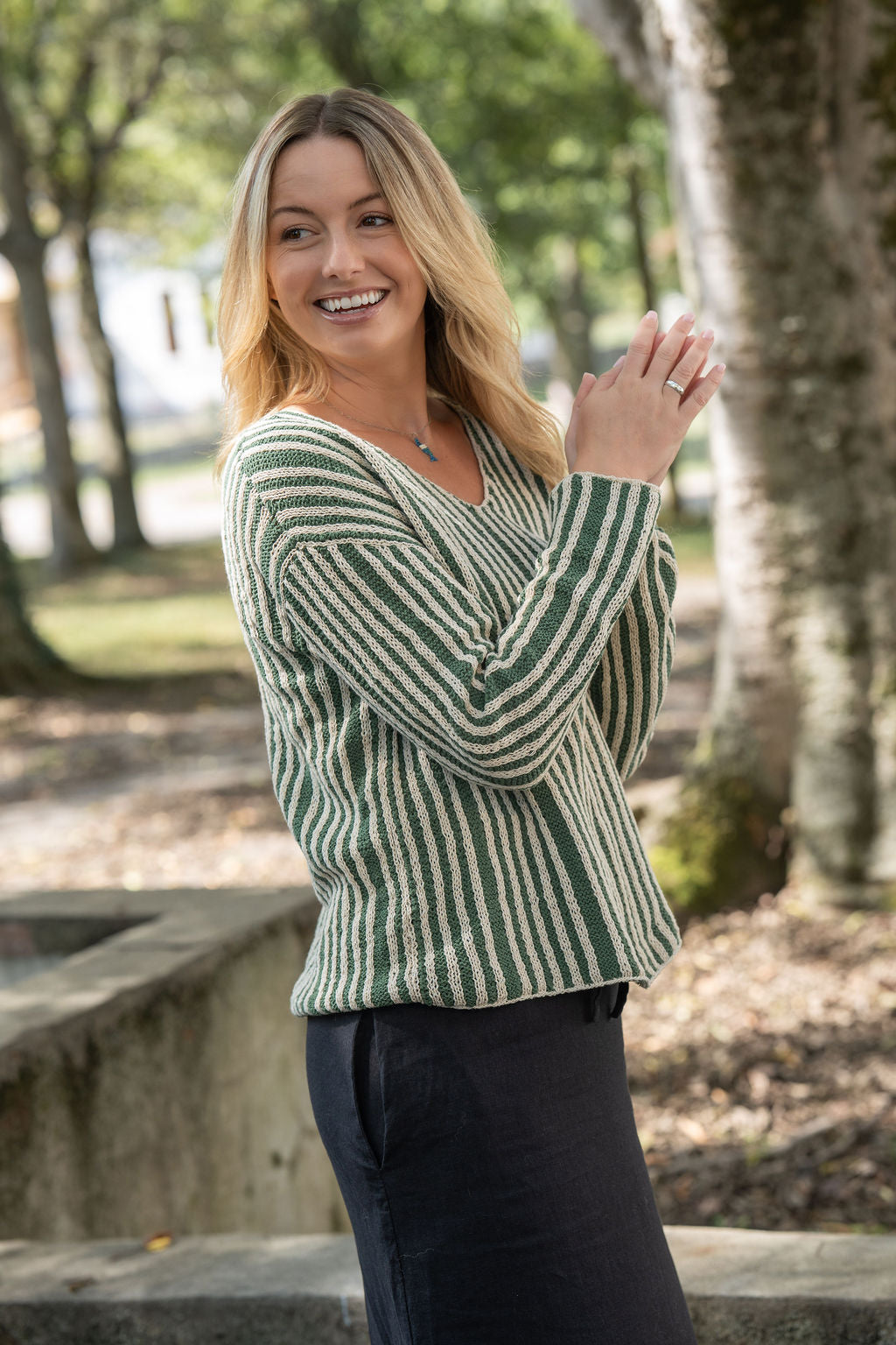 Finn V-Neck Cotton Sweater in Sage and Cream Made to Order