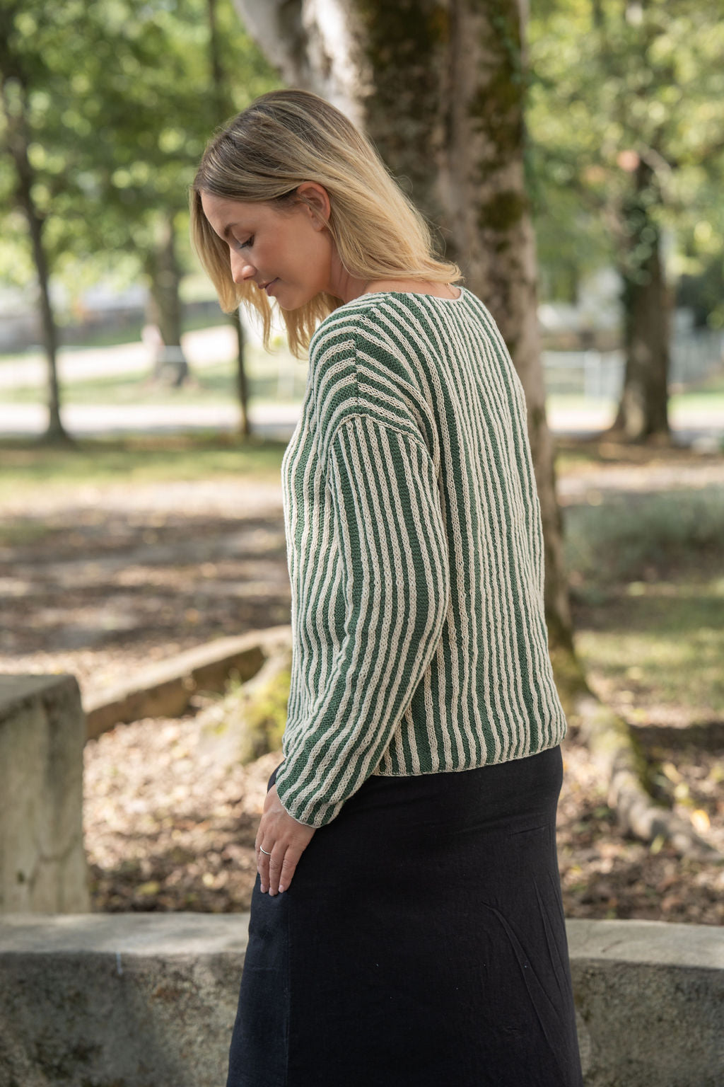 Finn V-Neck Cotton Sweater in Sage and Cream Made to Order
