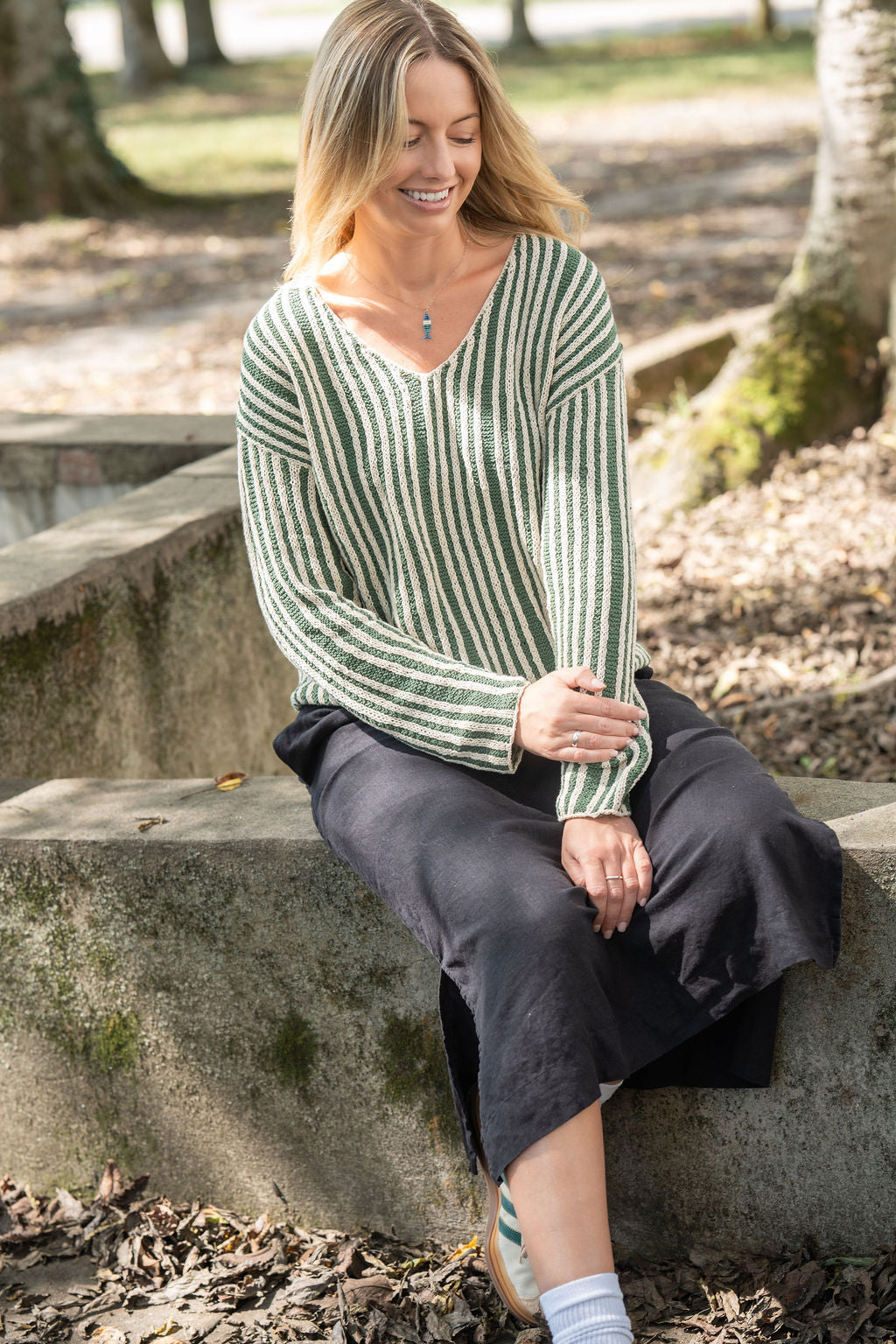 Finn V-Neck Cotton Sweater in Sage and Cream Made to Order