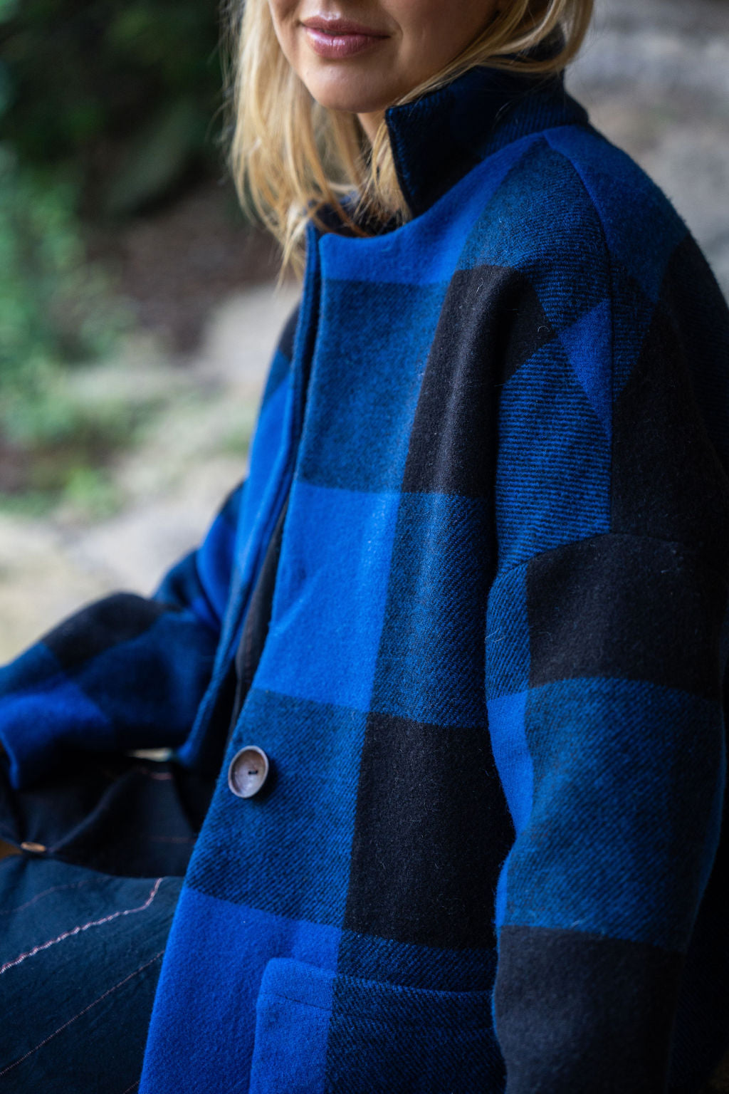 Portuguese Wool Pieper Coat in Cobalt and Black Plaid Made to Order