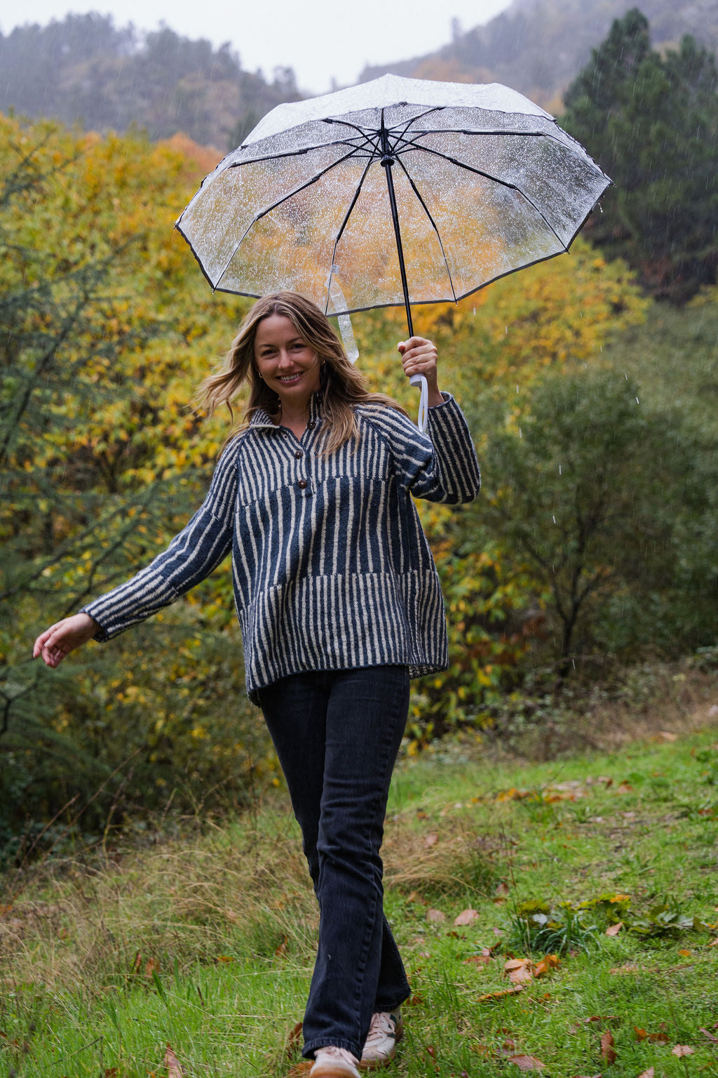 Tiff Oversized Wool Henley in Slate and Cream Made to Order