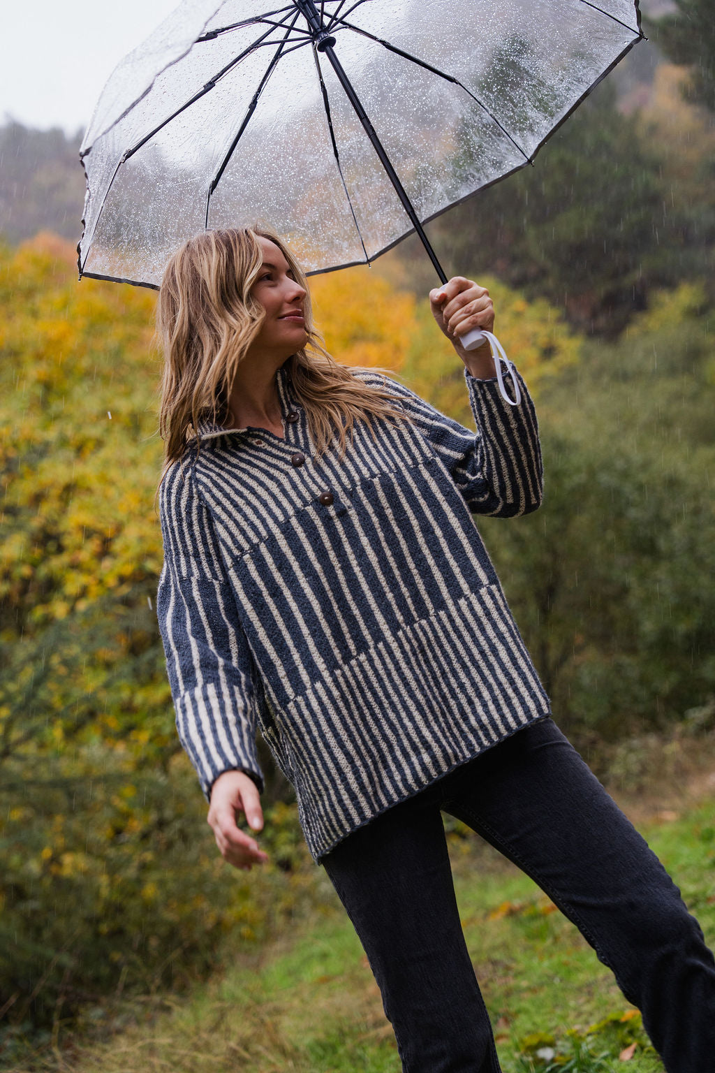 Tiff Oversized Wool Henley in Slate and Cream Made to Order