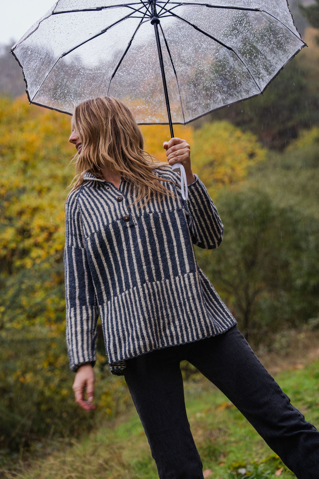 Tiff Oversized Wool Henley in Slate and Cream Made to Order