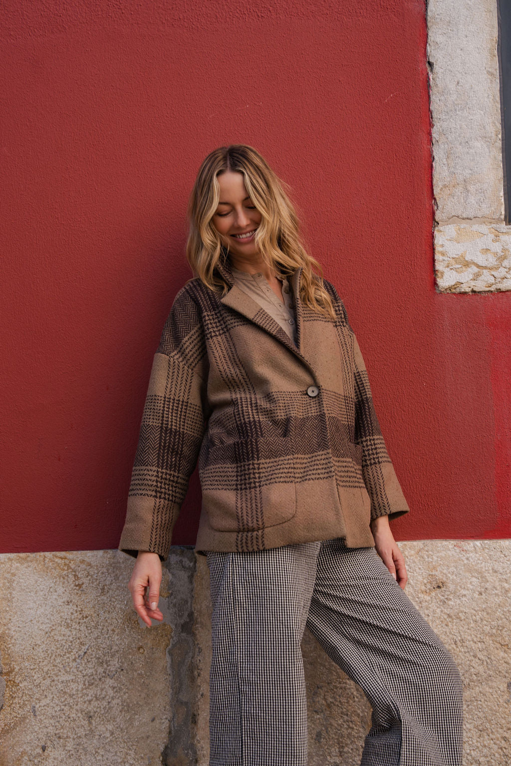 Portuguese Wool Pieper Coat in Brown and Black Plaid Made to Order