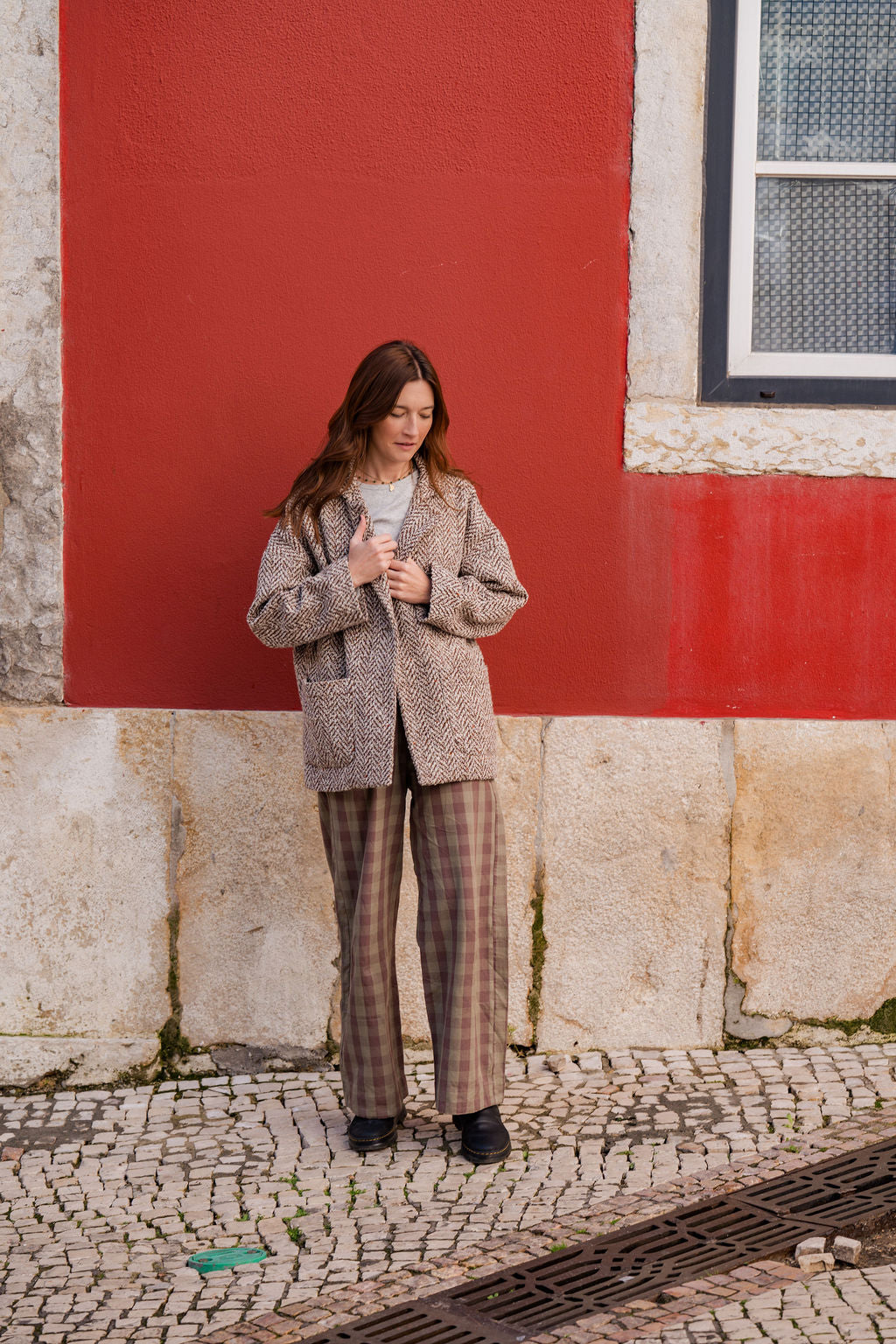 Portuguese Wool Pieper Coat in Heathered Brown and Cream Herringbone Made to Order