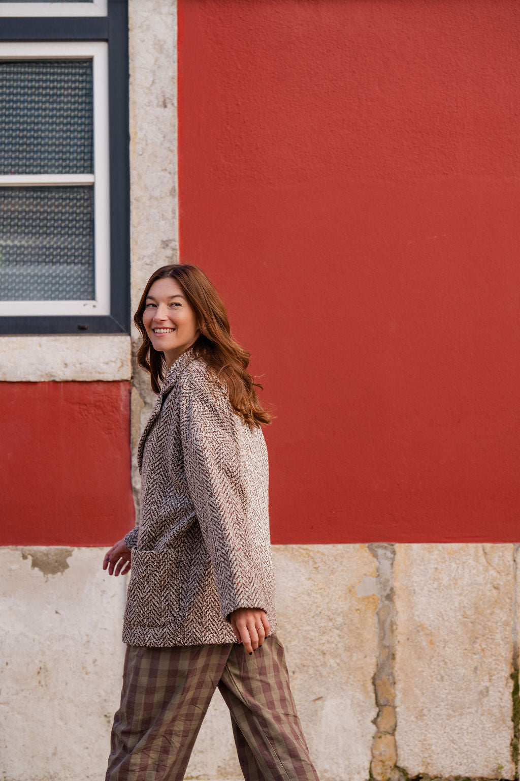 Portuguese Wool Pieper Coat in Heathered Brown and Cream Herringbone Made to Order