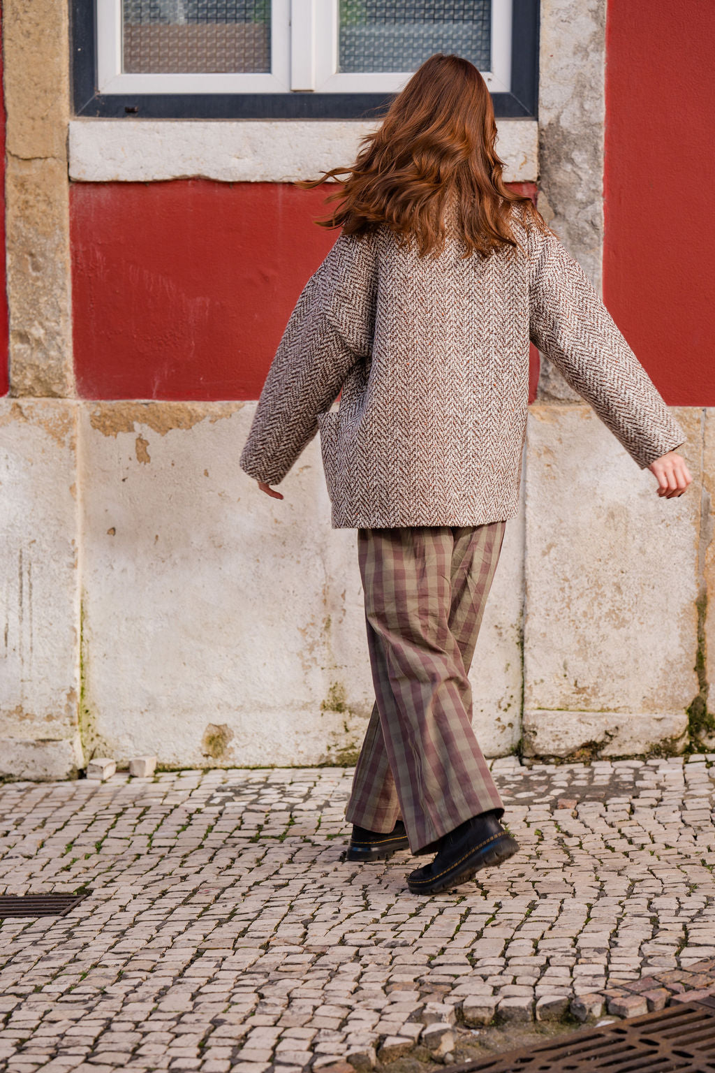 Portuguese Wool Pieper Coat in Heathered Brown and Cream Herringbone Made to Order