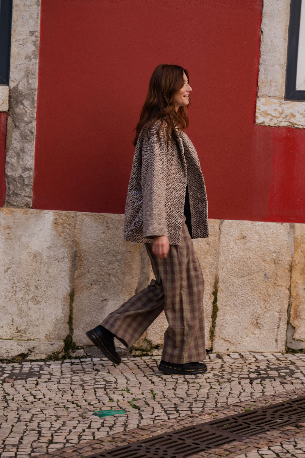 Portuguese Wool Pieper Coat in Heathered Brown and Cream Herringbone Made to Order