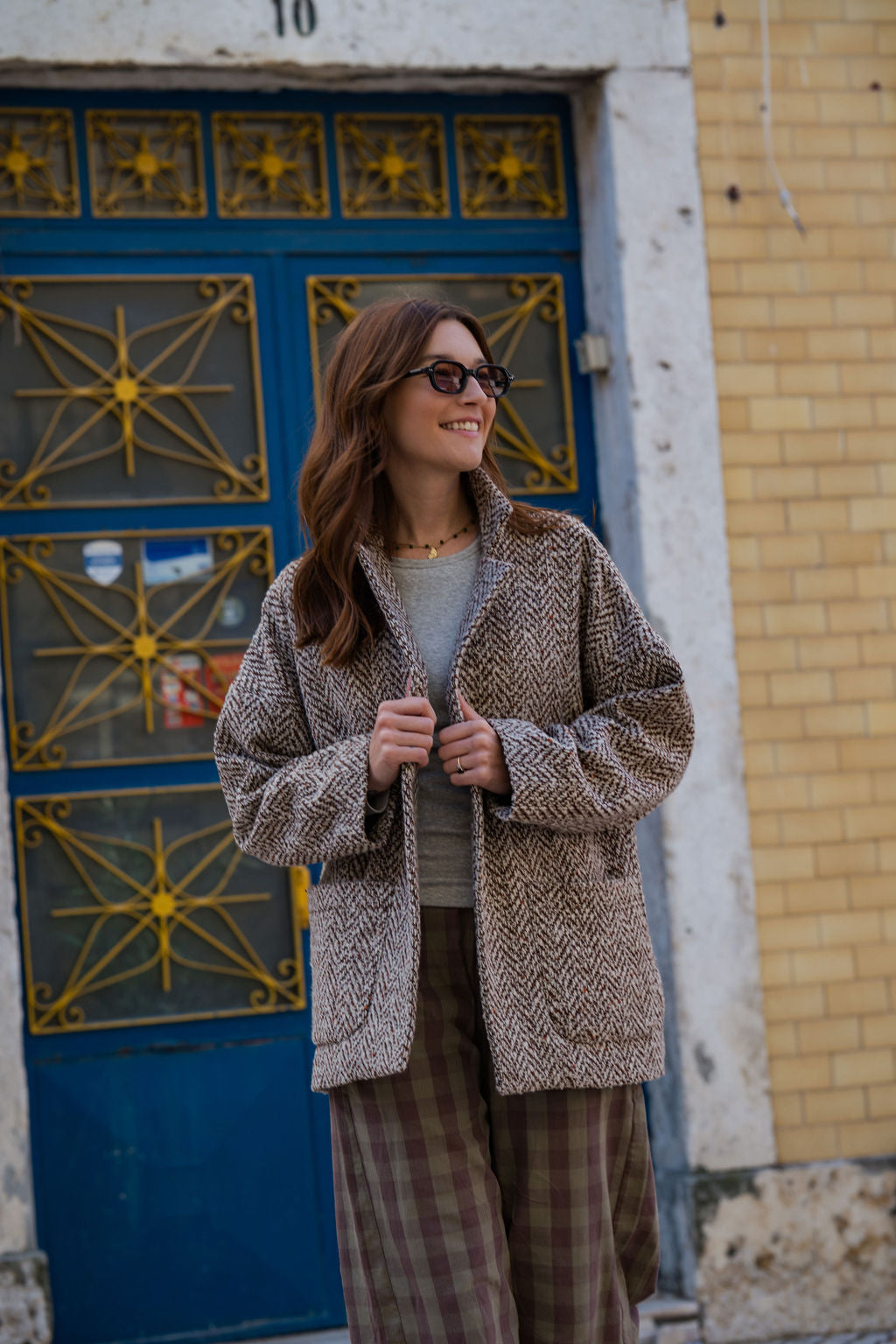 Portuguese Wool Pieper Coat in Heathered Brown and Cream Herringbone Made to Order