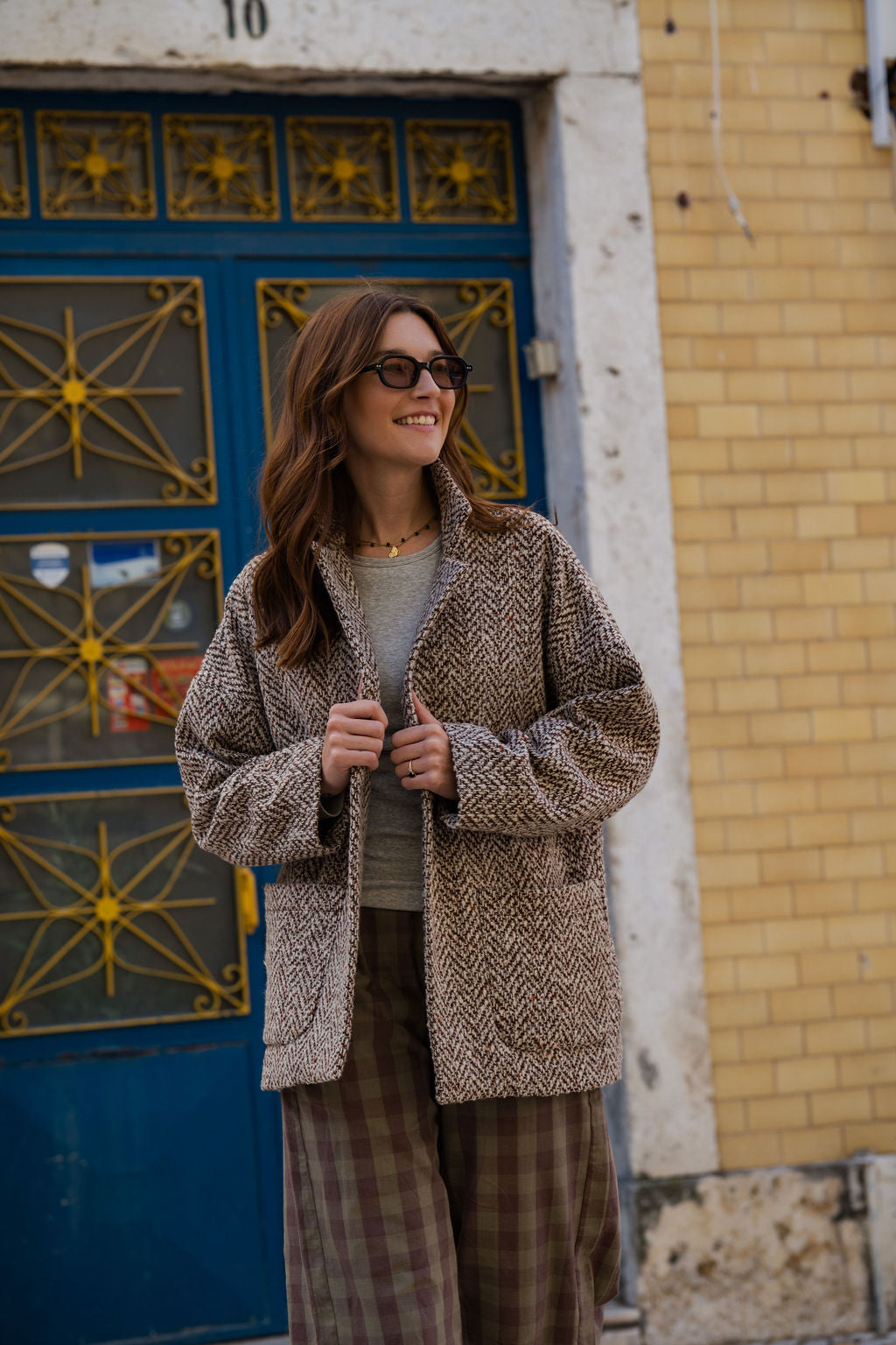 Portuguese Wool Pieper Coat in Heathered Brown and Cream Herringbone Made to Order