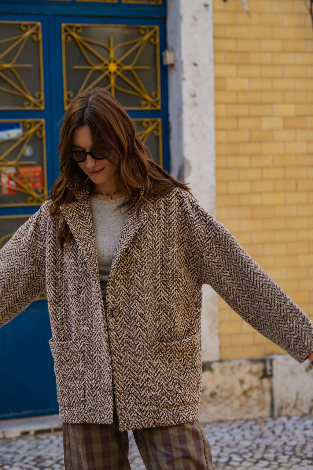 Portuguese Wool Pieper Coat in Heathered Brown and Cream Herringbone Made to Order
