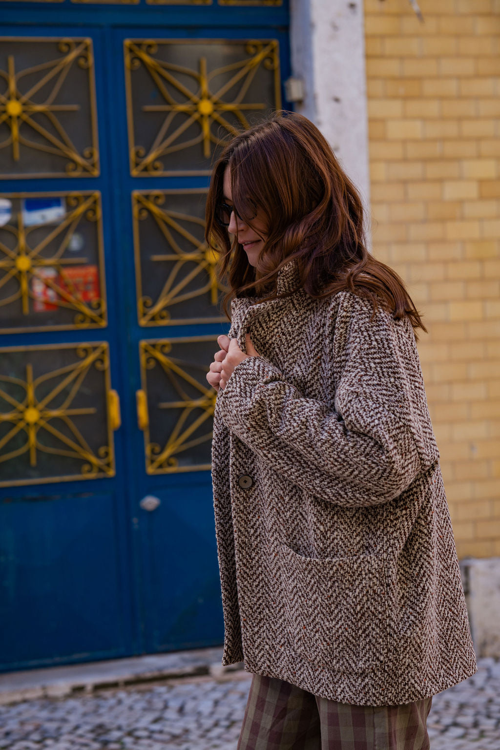 Portuguese Wool Pieper Coat in Heathered Brown and Cream