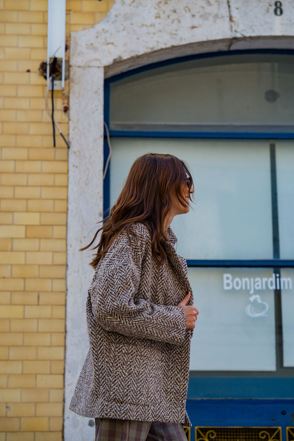 Portuguese Wool Pieper Coat in Heathered Brown and Cream Herringbone Made to Order