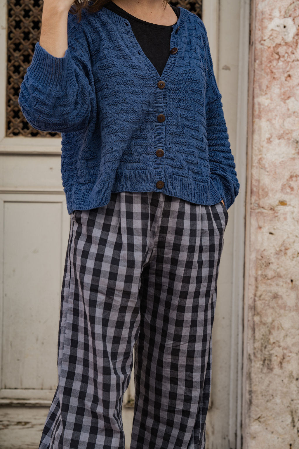 Katie Handwoven Cotton Pants in Navy Gingham