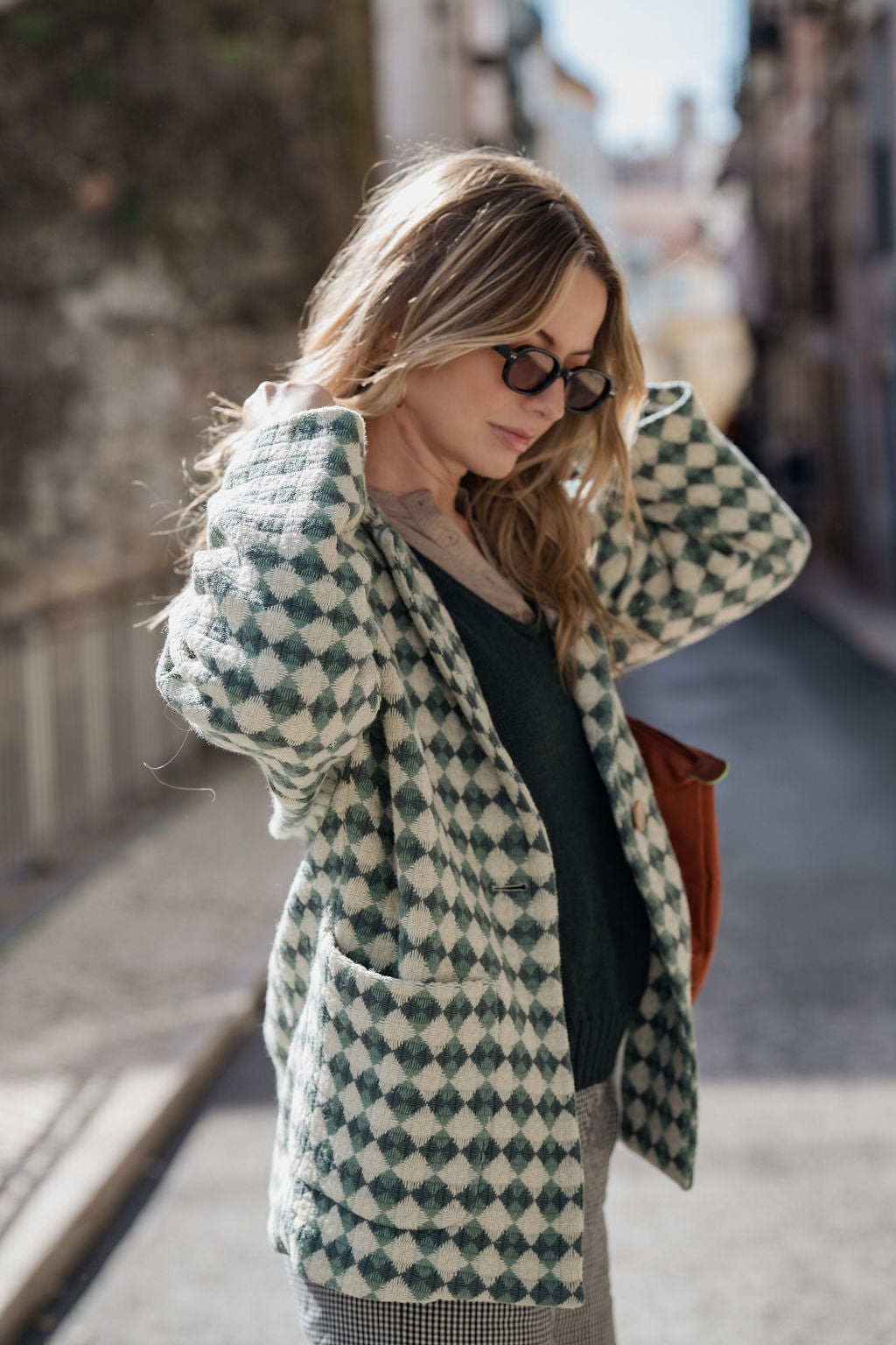 Portuguese Wool Pieper Coat in Sage/Slate and Cream Check Made to Order