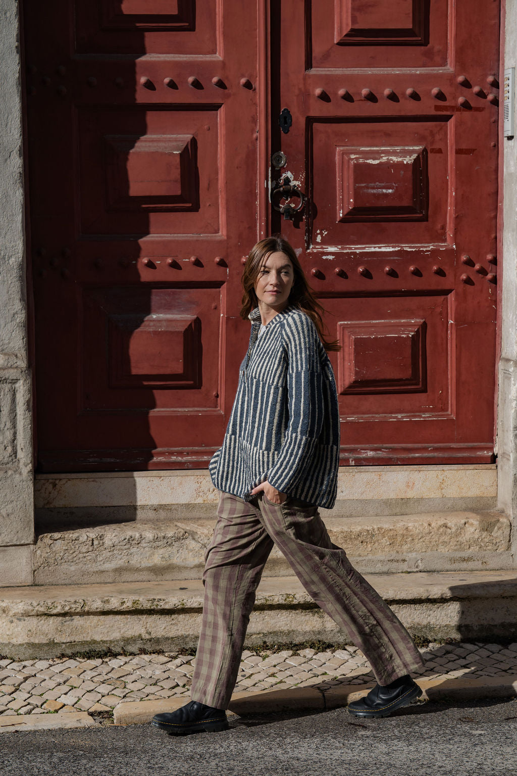 Tiff Oversized Wool Henley in Slate and Cream Made to Order