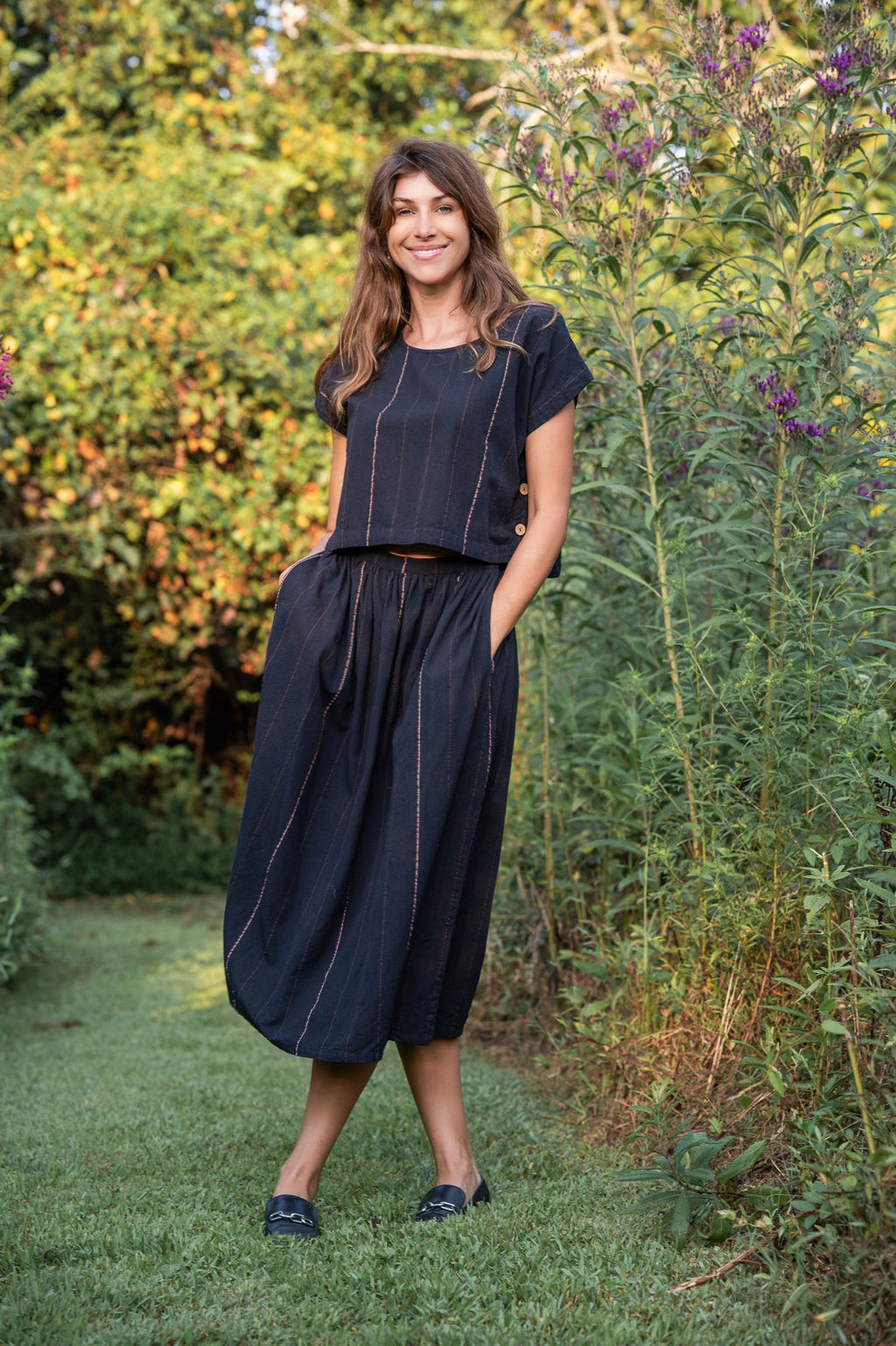 Perry Gathered Midi Skirt in Black Handwoven Cotton