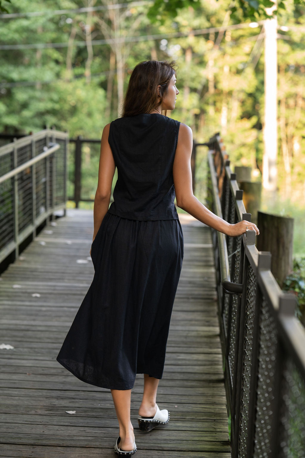 Perry Gathered Midi Skirt in Black Linen - L and XL Left – LizAlig