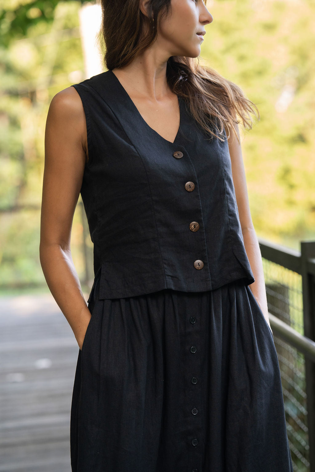 Perry Gathered Midi Skirt in Black Linen - L and XL Left – LizAlig