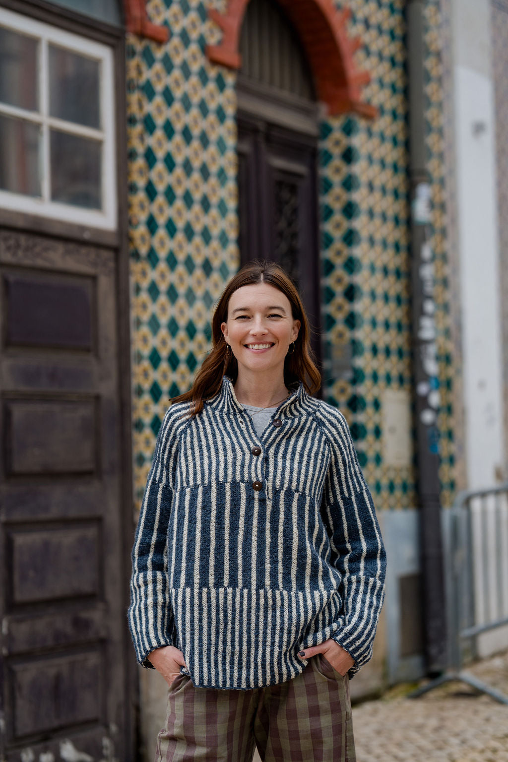 Tiff Oversized Wool Henley in Slate and Cream Made to Order