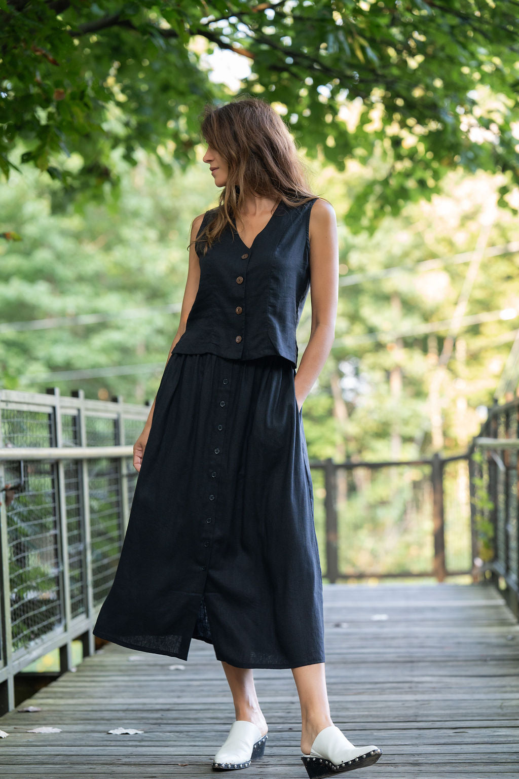 Perry Gathered Midi Skirt in Black Linen - L and XL Left – LizAlig