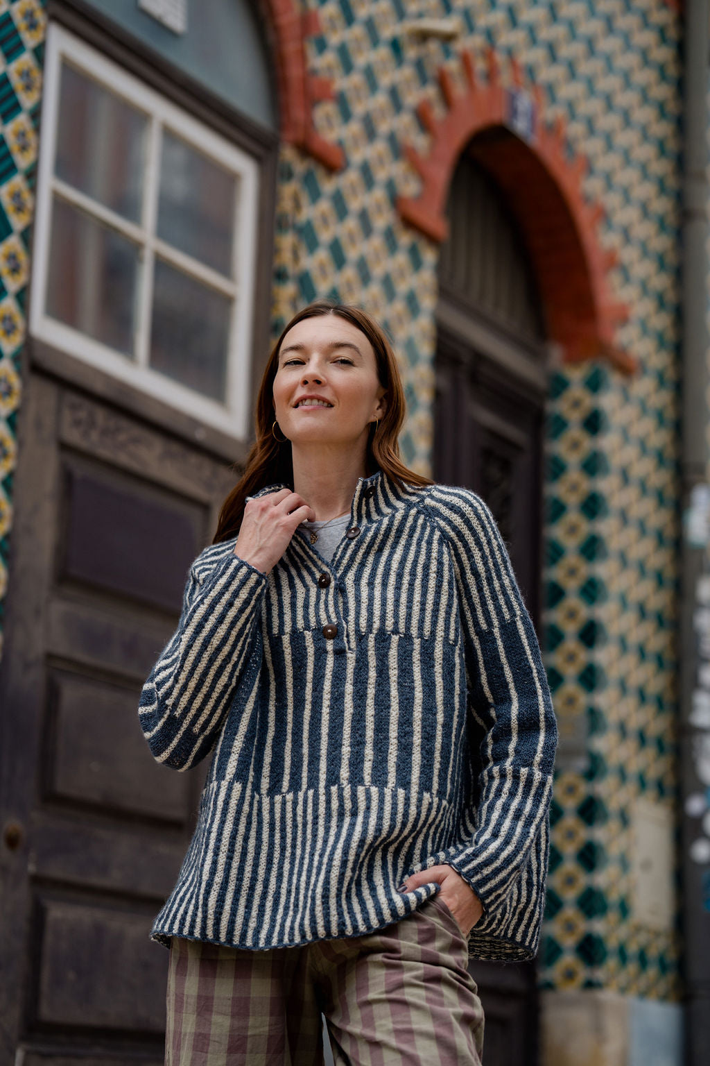 Tiff Oversized Wool Henley in Slate and Cream Made to Order