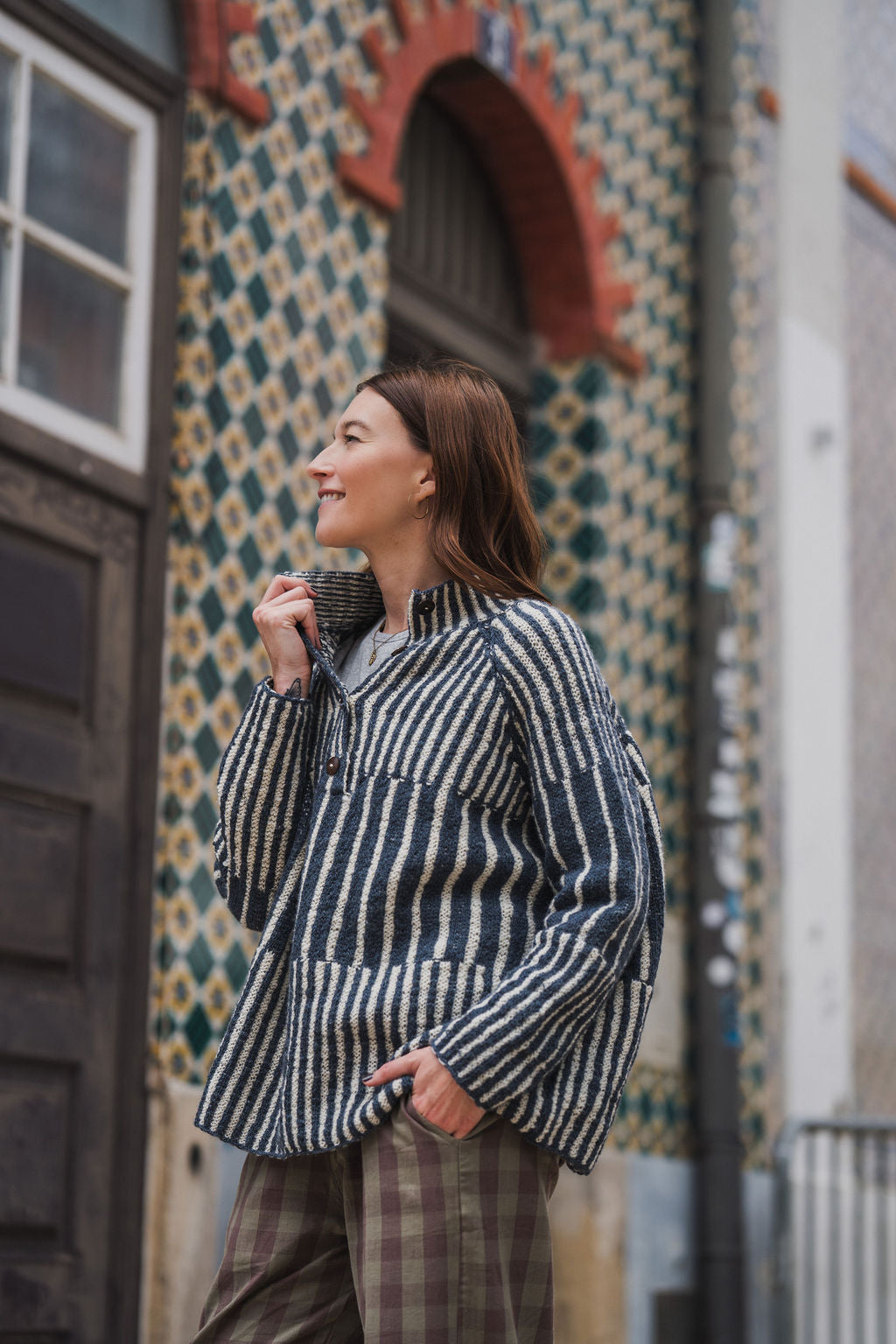 Tiff Oversized Wool Henley in Slate and Cream Made to Order