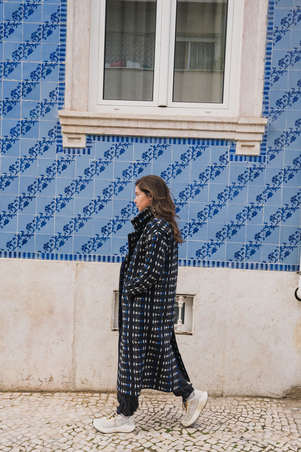 Portuguese Wool Polly Coat in Black and Cobalt Print Made to Order
