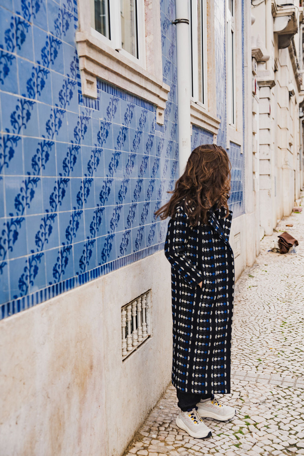 Portuguese Wool Polly Coat in Black and Cobalt Print Made to Order