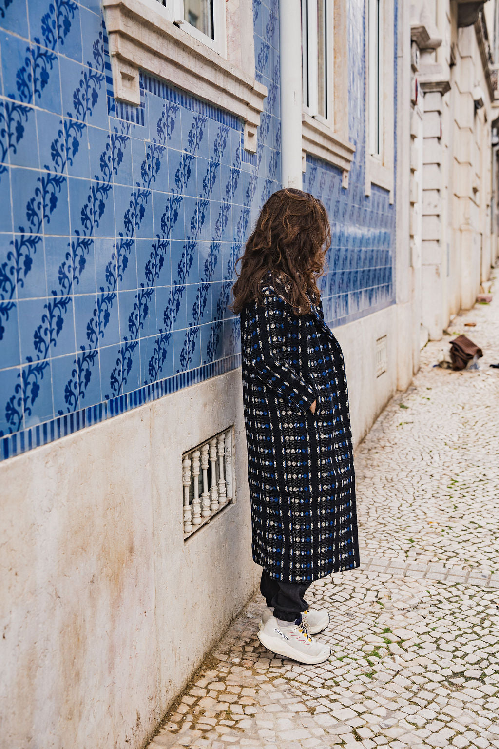 Portuguese Wool Polly Coat in Black and Cobalt Print Made to Order