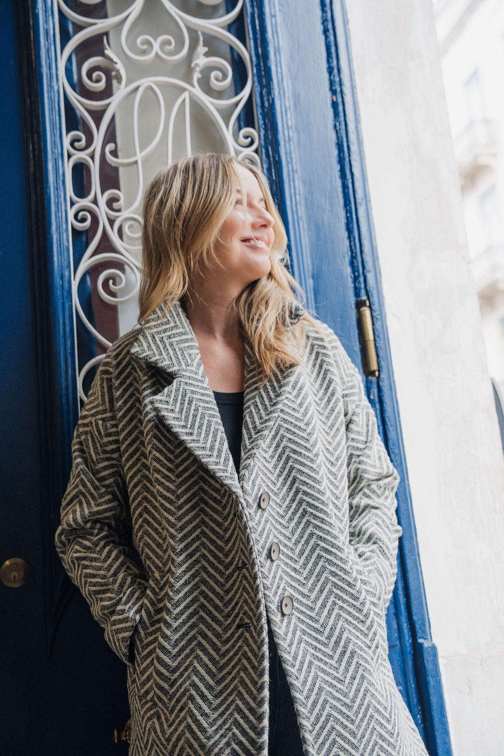 Portuguese Wool Polly Coat in Black and White Herringbone Made to Order