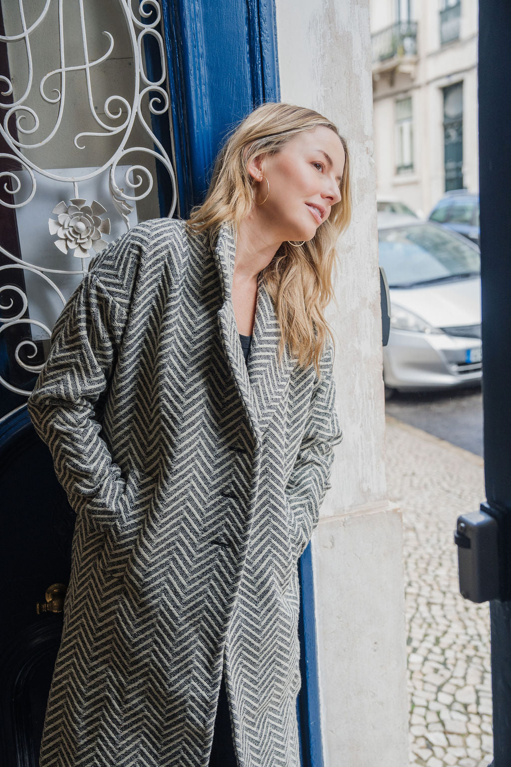 Portuguese Wool Polly Coat in Black and White Herringbone Made to Order