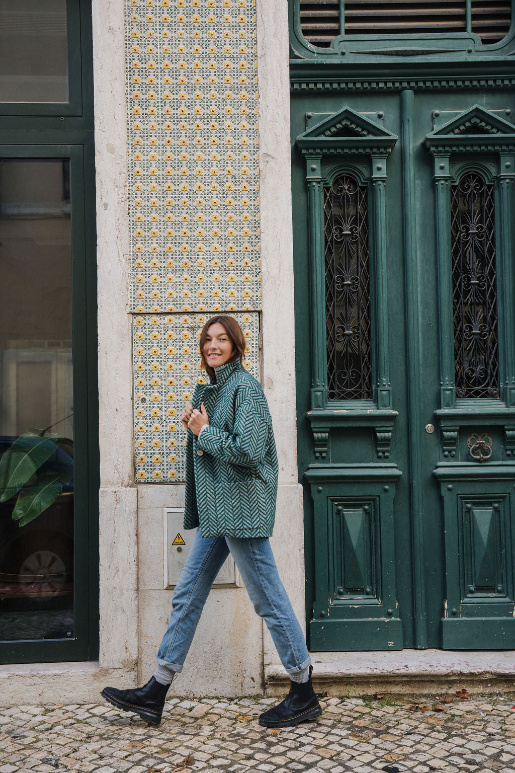 Portuguese Wool Pieper Coat in Teal Herringbone Made to Order