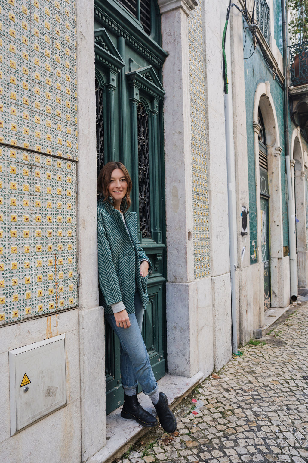 SALE新品LONG PINEしっかり襟カラー★メルトンPコート★Lサイズ Portuguese Wool Pieper Coat in Teal Herringbone Made to Order