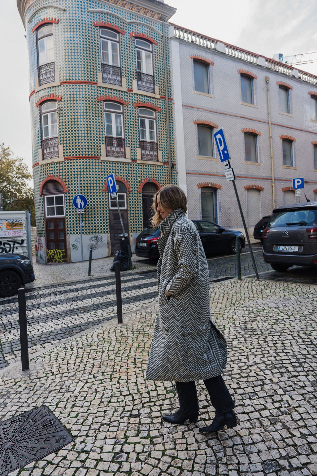 Portuguese Wool Polly Coat in Black and White Herringbone Made to Order