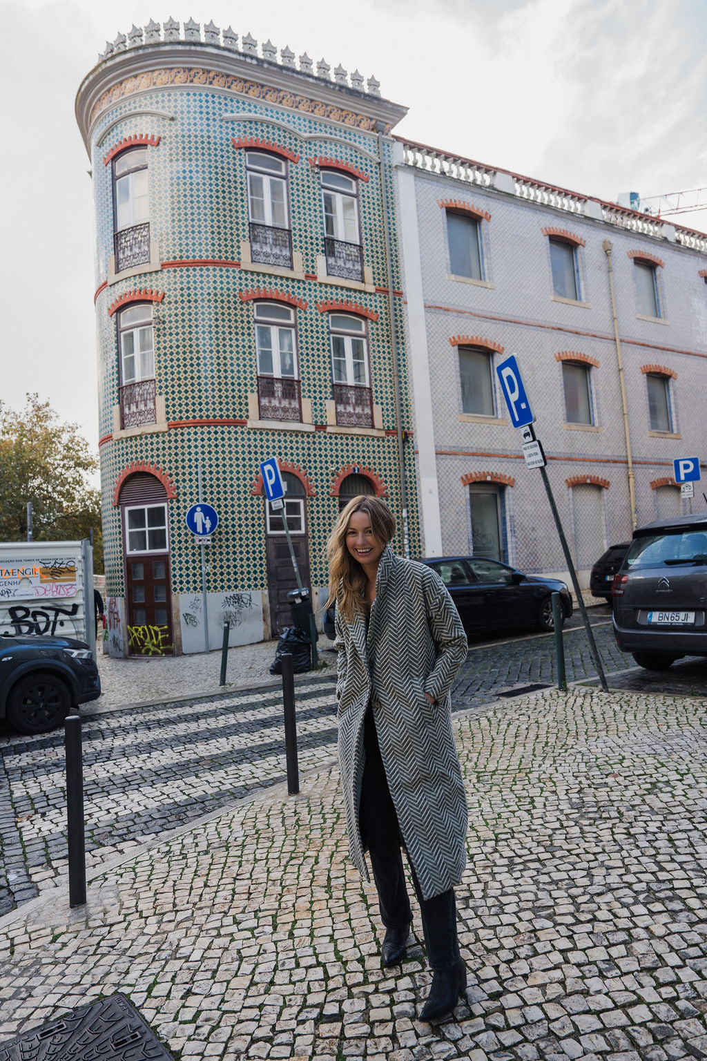 Portuguese Wool Polly Coat in Black and White Herringbone Made to Order