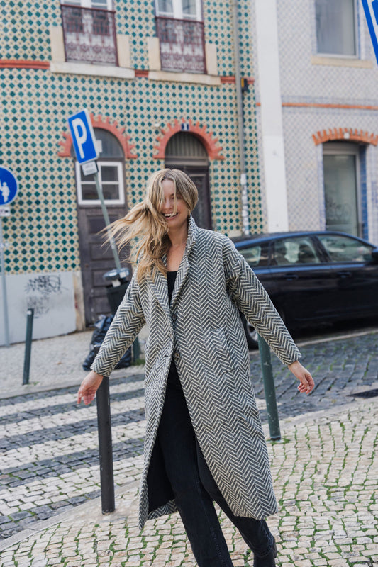 Portuguese Wool Polly Coat in Black and White Herringbone Made to Order